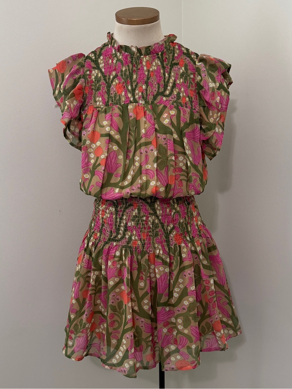 entro Olive Floral Mini Dress with Pink & Coral Print